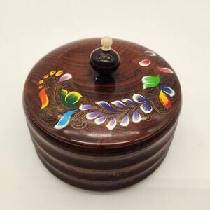 Vintage Round Wood Tole Folk Art‎ Hand Painted Trinket/Jewelry Box  Fitted Lid